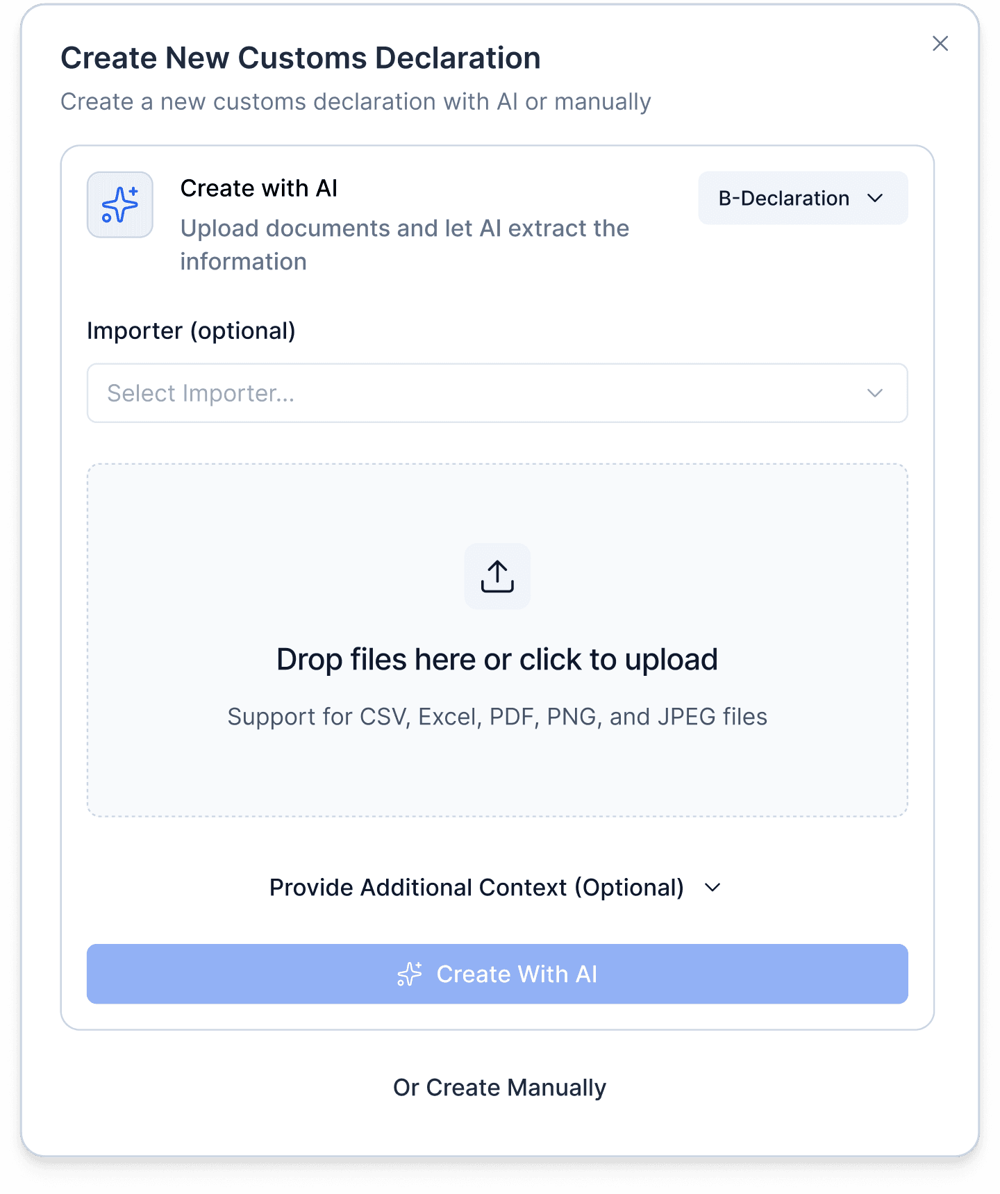 Create new customs declaration with document upload