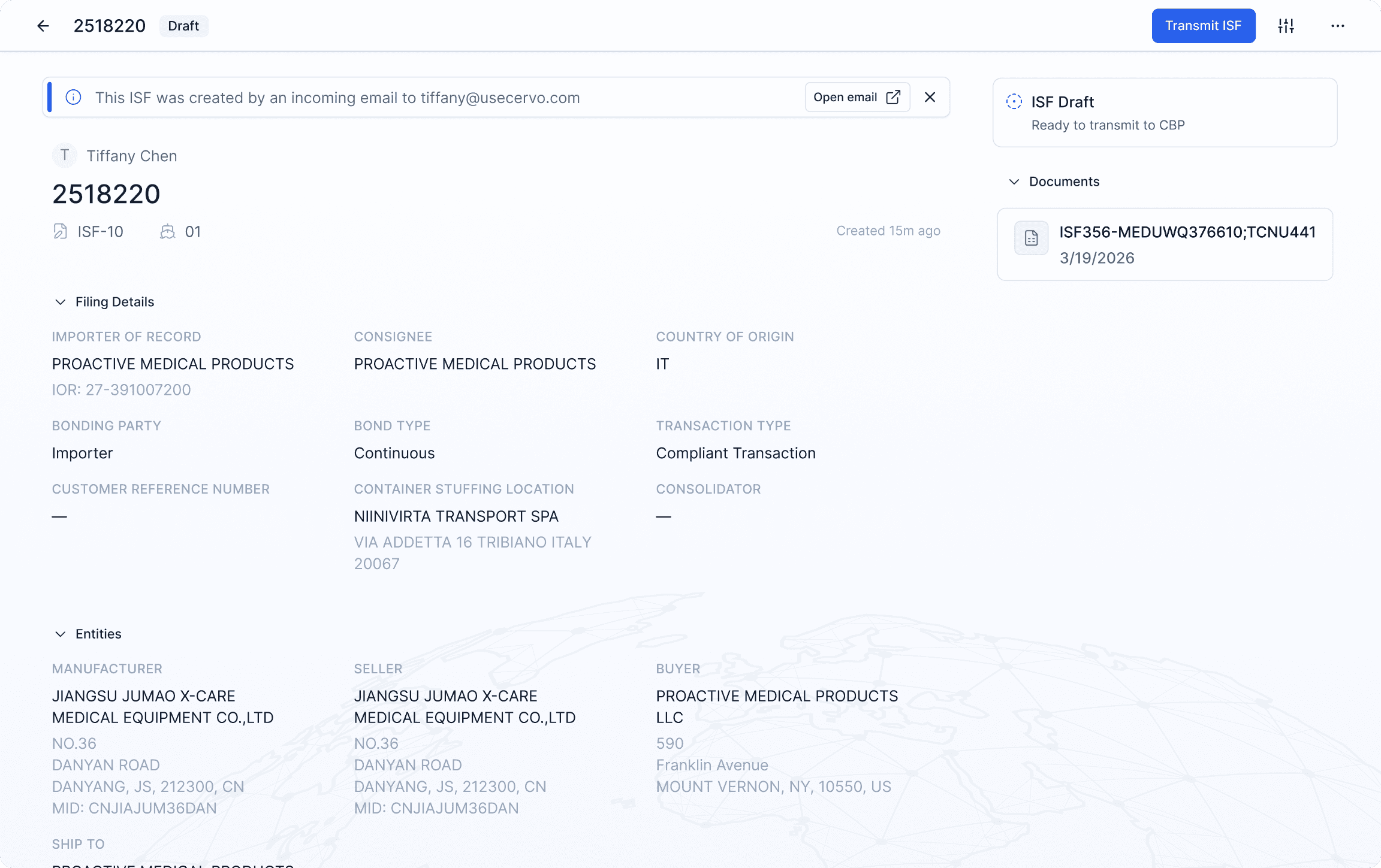 ISF automation product hero — Cervo importer security filing workspace