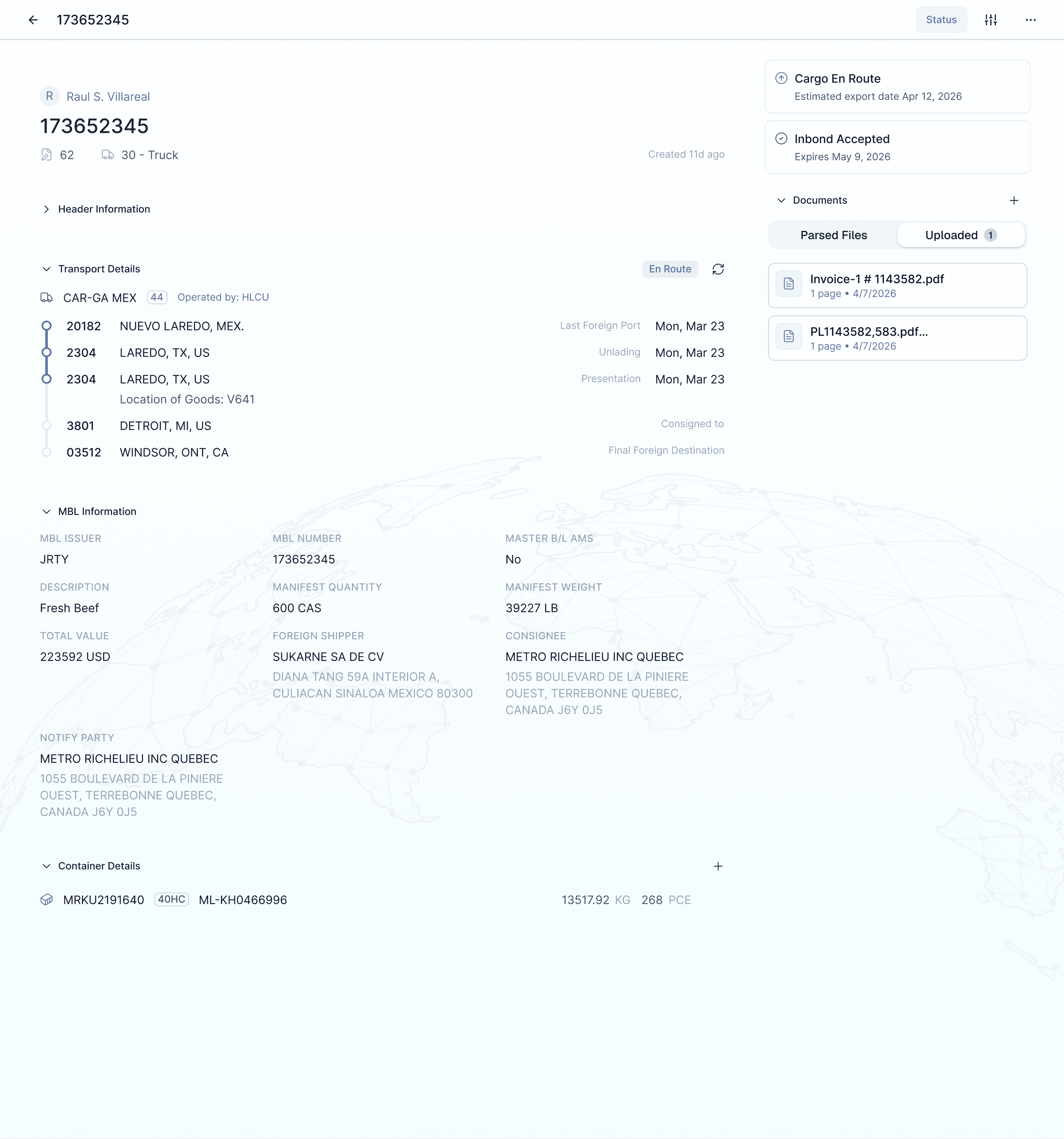 Inbond automation product hero — Cervo in-bond workflow workspace