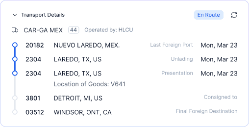 Transport details with multi-stop timeline from port of arrival to final destination